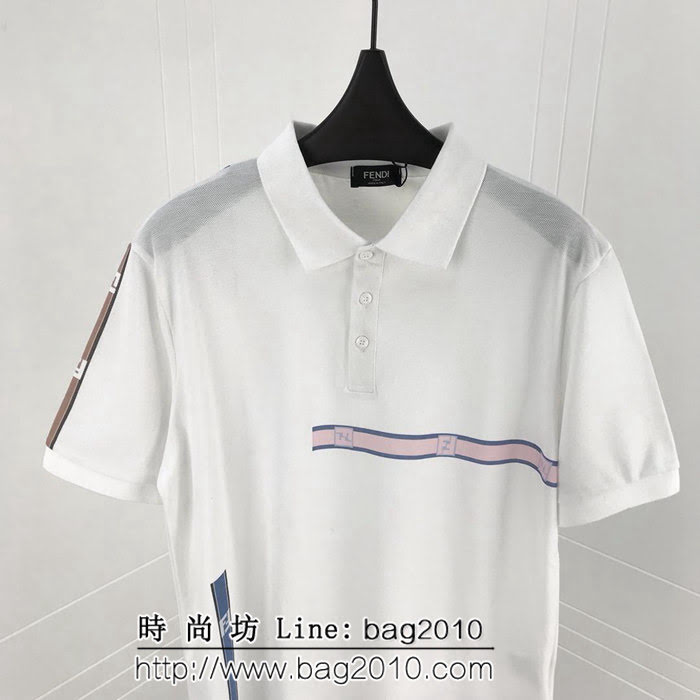 FENDI芬迪  19ss早春新款 粉色豎條FF印花logo 白色絲光珠地棉 男款Polo衫 ydi1976